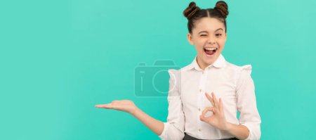 Our aim is your satisfaction. Schoolchild give ring gesture showing open hand. Satisfaction. Child face, horizontal poster, teenager girl isolated portrait, banner with copy space