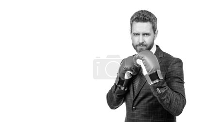 Photo for Stay away from me. Director wear boxing gloves. Standing in defensive position. Busines rivalry. Fighting defensive action. Fight and competition. Meeting challenge, copy space. - Royalty Free Image