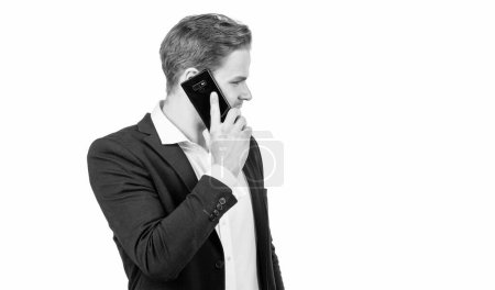 Photo for Professional man in business suit talk on mobile phone isolated on white copy space, cellphone. - Royalty Free Image