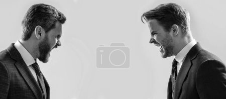 Photo for Man face portrait, banner with copy space. disagreed men business partners or colleague disputing aggressive and angry while conflict, rivalry - Royalty Free Image
