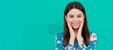 Photo for Teenage skincare. Happy girl smile touching face. Child face, horizontal poster, teenager girl isolated portrait, banner with copy space - Royalty Free Image