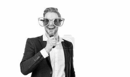 Photo for Experience karaoke like never before. Karaoke singer isolated on white. Happy businessman sing song to microphone. Musical entertainment. Add your voice with perfect music, copy space. - Royalty Free Image