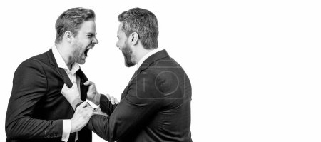 Man face portrait, banner with copy space. two colleagues have disagreement and conflict. businessmen face to face