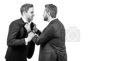 Photo for Man face portrait, banner with copy space. businessmen talking and discussing conflict. boss and employee. disagreed men partners - Royalty Free Image