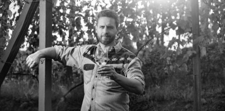 Foto de Viticultor guapo hombre agricultor beber vino en la granja de uva, viticultor. - Imagen libre de derechos