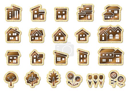 Ilustración de Icono conjunto de casa y árbol y flor estilo etiqueta engomada con precioso color oro- - Imagen libre de derechos