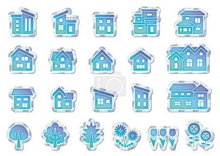 Ilustración de Icono conjunto de casa y árbol y flor estilo etiqueta engomada con hermoso color de hielo- - Imagen libre de derechos