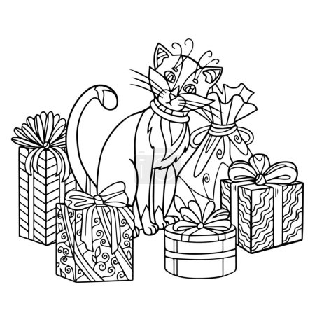Dibujos animados de Navidad para colorear página. Cat se sienta cerca de cajas de regalo. Ilustración de la línea vectorial de vacaciones con doodle, patrón y zentangle elementos para colorear libros para adultos.