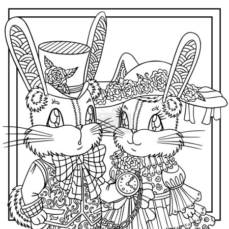 Fairy tale for kids. Funny rabbits in beautiful ornamental decorated carnival costumes. Vector outline graphic illustration for coloring book pages for children for print.