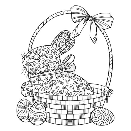 Illustration for Cute easter bunny in decorative basket with holiday eggs. Spring coloring book page for adult with doodle and zentangle elements. Vector hand drawn isolated. - Royalty Free Image