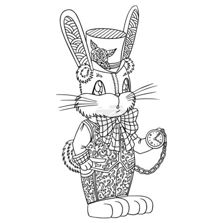 Illustration for Funny rabbit boy in cute suit with big hat and with a watch on the paw. Vector outline illustration for coloring book for relax. Fairy tale line art. - Royalty Free Image