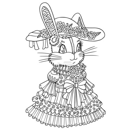 Illustration for Funny rabbit girl in a lush dress with a big decorative hat. Cartoon outline illustration for fairy tale book, coloring, print. Easter rabbit from wonderland. Coloring book page. - Royalty Free Image