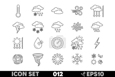 Colección de 20 iconos meteorológicos vectoriales lineales. Diseño blanco y negro monocromo con varios símbolos relacionados con el clima en un conjunto cohesivo.
