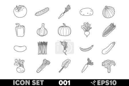 Set of 20 linear icons of various vegetables in black-and-white design. Includes tomatoes, cucumbers, carrots, potatoes, onions, eggplants, spinach, cabbages, peppers, and more.