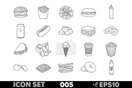 Set von 20 linearen Symbolen beliebter Fast-Food-Artikel und Getränke im Schwarz-Weiß-Design. Inklusive Burger, Pommes, Pizza, Limo, Hot Dogs, Chicken Nuggets, Sandwiches und mehr.