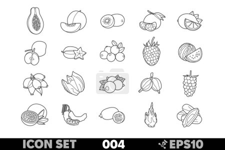 Conjunto de 20 iconos lineales de varias frutas exóticas y únicas en diseño blanco y negro. Incluye nectarinas, grosellas, grosellas, moras, arándanos, guayaba, pomelo y más.