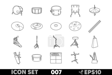 Vector linear illustration of all 20 drum kit components and accessories. Black and white line art style showing various musical instruments and tools together.