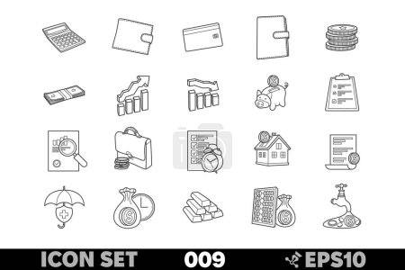 Set of 20 linear icons related to financial planning. Black and white vector illustration depicting essential symbols for finance, budgeting, investment, and wealth management.