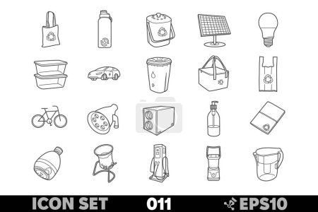 Set of linear eco icons, featuring 20 illustrations of eco-friendly objects including solar panels, electric cars, and water filters. Simple black-and-white vector style.