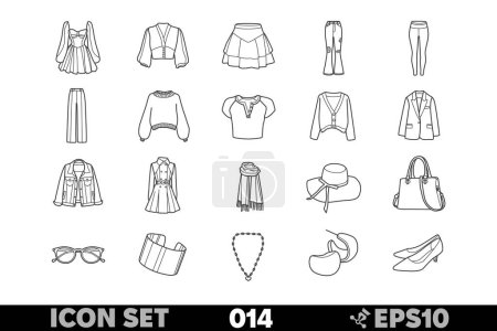 Colección de 20 iconos lineales de ropa de mujer y accesorios. Ilustraciones simples de vectores en blanco y negro en un estilo de línea minimalista, incluyendo vestidos, blusas, faldas, jeans, leggings, pantalones