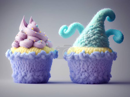 Téléchargez les photos : Cupcakes Joyeux Anniversaire avec Cônes de fil de laine. - en image libre de droit