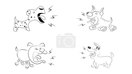 Téléchargez les illustrations : Ensemble de chien de bande dessinée aboyant Clipart noir et blanc. - en licence libre de droit