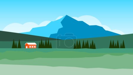 Ilustración de Una casa en un valle con un fondo de pantalla de montaña. - Imagen libre de derechos