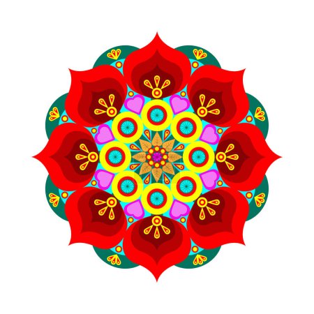 Téléchargez les photos : Art Mandala rouge avec des formes de coeur, des fleurs et des feuilles. Fond vectoriel. Des couleurs vives. Isolé. Abstrait Mandala Illustration. Modèle d'ornement rond. - en image libre de droit