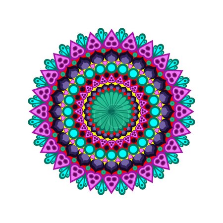 Téléchargez les photos : Mandala ethnique avec ornement coloré et formes de coeur. Vecteur dessiné à la main doodle. Des couleurs vives. Isolé. - en image libre de droit