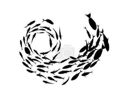 Illustration for School of Fish Silhouette. A school of fish swimming in a circle. Marine life. - Royalty Free Image