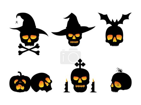 Téléchargez les photos : Silhouettes de crâne d'Halloween avec araignée, chauve-souris et citrouille. - en image libre de droit