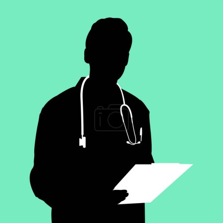 Male Doctor Silhouette with Stethoscope and Clipboard.