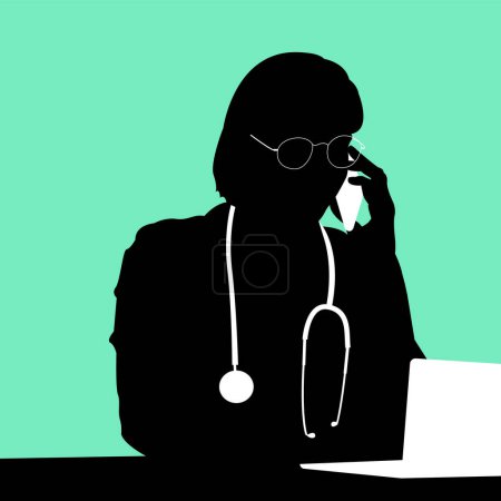 Female Doctor Silhouette with Stethoscope and Laptop.