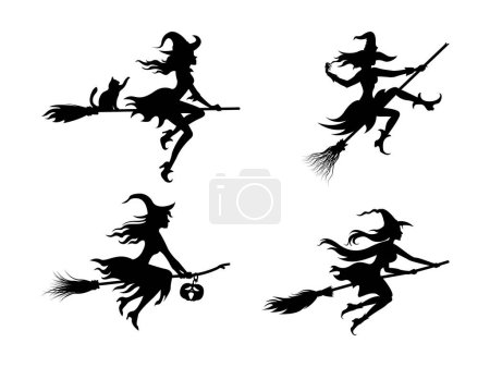 Silhouetten von Hexenmädchen auf fliegenden Besenstielen.