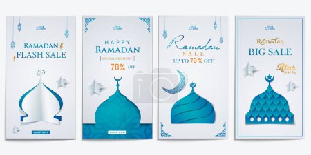 Illustration for Ramadan stories sale social media posts collection paper cut style set - Royalty Free Image
