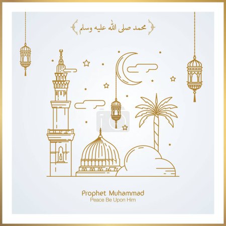 Mawlid al Nabi tarjeta de felicitación islámica caligrafía árabe línea mezquita ilustración con linterna árabe