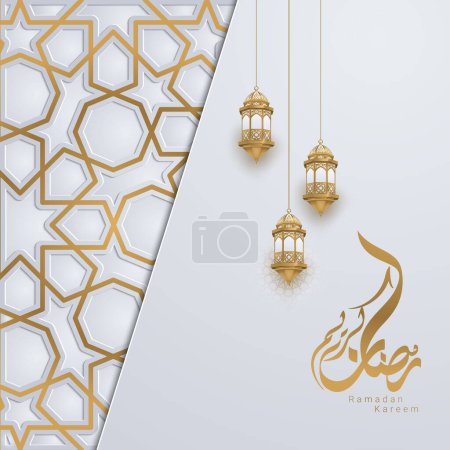 Illustration for Ramadan kareem gold lantern greeting islamic illustration background banner vector design with arabic calligraphy - Royalty Free Image