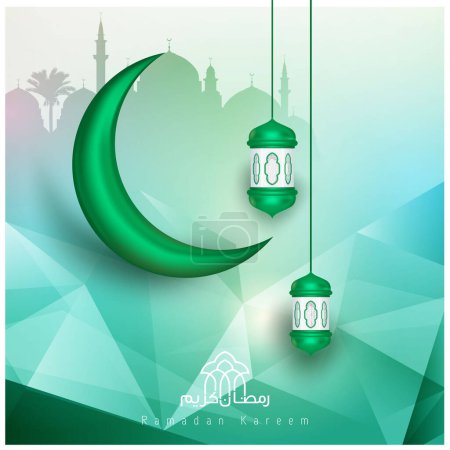 Téléchargez les illustrations : Lanterne verte Ramadan kareem avec design calligraphique croissant et arabe - en licence libre de droit