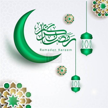 Illustration for Ramadan kareem islamic greeting background with Green lantern and calligraphy - Royalty Free Image
