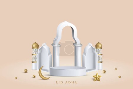 Ilustración de Podio islámico para el fondo de Eid Adha Mubarak con color dorado. Mezquita, media luna, estrella, podio. 3d vector realista - Imagen libre de derechos