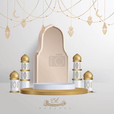 Illustration for Islamic Eid adha mubarak greeting background with realistic podium mosque and islamic eid mubarak ornaments - Royalty Free Image