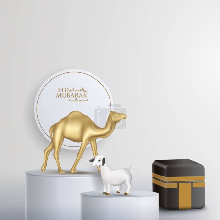 Ilustración de Decoración de Eid al-Adha con camello dorado realista, cabra, podio y kaaba - Imagen libre de derechos