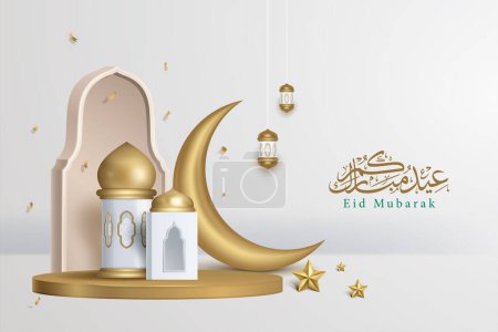 Téléchargez les illustrations : Aïd al adha moubarak fond de décoration islamique avec croissant, podium d'or, mosquée de lanterne arabe vecteur d'illustration 3D - en licence libre de droit
