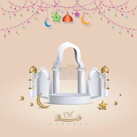 Illustration for Eid Adha Mubarak Holiday Background with 3D Realistic Mosque in Podium Vector Illustration - Royalty Free Image