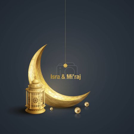 Illustration for Isra Mi'raj gold Crescent and islamic lanttern realistic design - Royalty Free Image