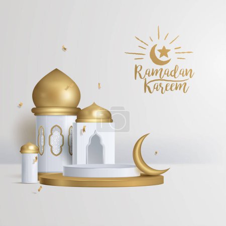 Ilustración de Ramadan kareem islamic decoration background with crescent, gold podium, arabic lantern mosque window 3D illustration vector - Imagen libre de derechos