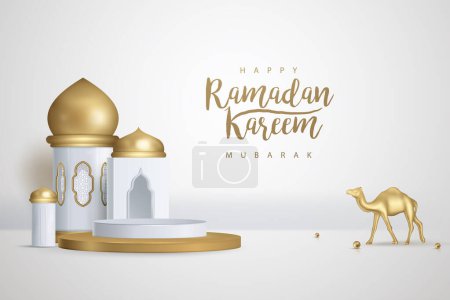 Illustration for Ramadan kareem arabic calligraphy beautiful 3D gold mosque, podium and camel background - Royalty Free Image