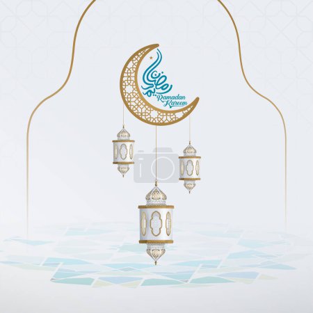 Illustration for Ramadan Kareem arabic calligraphy islamic crescent and realistic white lanttern with arabic pattern - Royalty Free Image