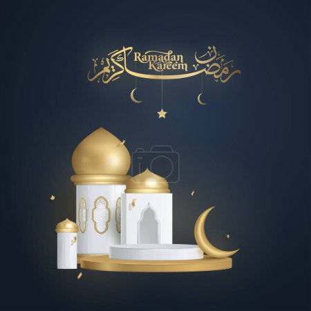Illustration for Ramadan kareem arabic calligraphy realistic mosque gold, podium and crescent - Royalty Free Image