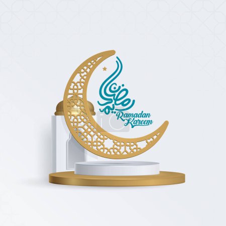 Téléchargez les illustrations : Ramadan kareem arabic calligraphy with realistic gold podium, and crescent - en licence libre de droit